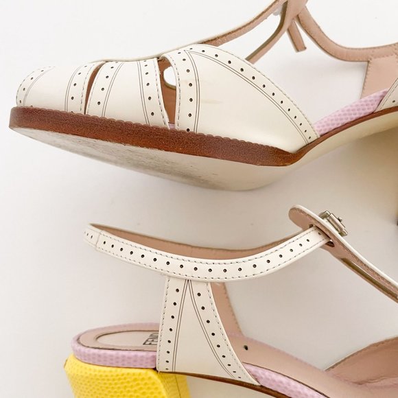 Fendi Chameleon Pumps EU 36 US 6 Cream Yellow Mary Jane Block Mid Heel Sandal - Picture 11 of 13